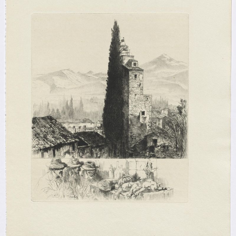 Frédéric Mistral: Mémoires et Recits by Frédéric Mistral: tower in landscape/ man and dead game (insert after p. 200)
