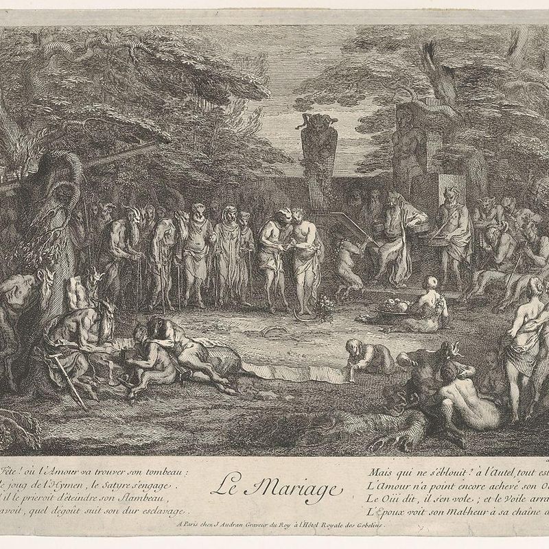 The Marriage (Le Mariage): in a forest, an old satyr marries the betrothed in center, musicians to right, old satyrs with canes to the left, a couple consulting an old philosopher to left in the foreground, from 'The lives of satyrs' (La vie des satyres)