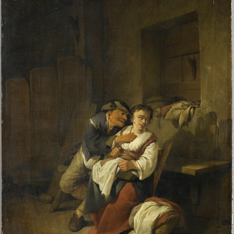 Old man flirting with a young woman in a rustic interior