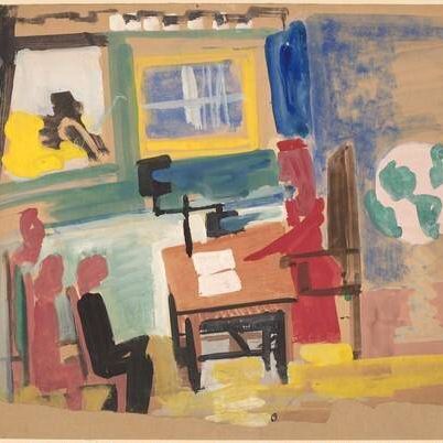 Seated Figure Behind a Desk and Two Standing Figures