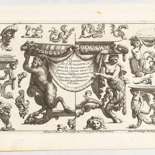 Desseins de Brasiers dont les Ornements peuuent Seruir aux Cuuettes, Tables, et autres Ouurages d'Orfeurerie, Plate 1