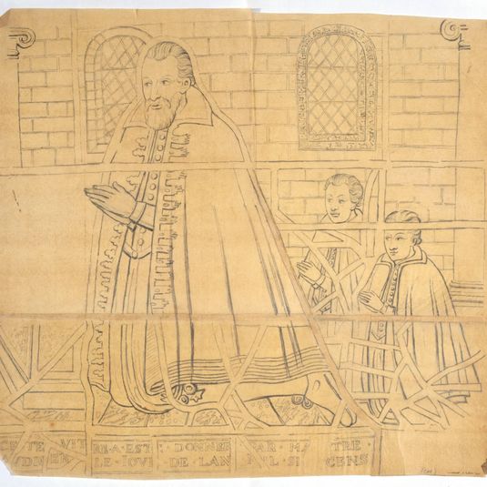 Relevé d'un panneau d'une verrière représentant des scènes de la vie de la Vierge : réseau de plombs et de plombs de casse, motif peint à la grisaille