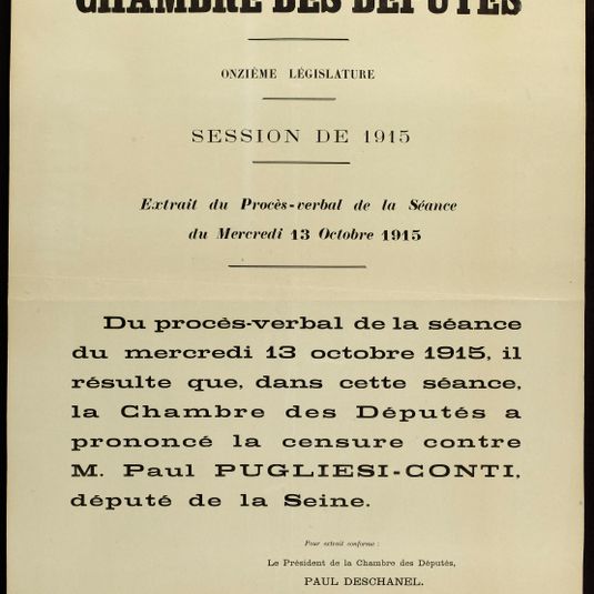 CHAMBRE DES DEPUTES/ ONZIEME LEGISLATIVE/ SESSION DE 1915/ Extrait du Procès-verbal de la Séance/ du Mercredi 13 Octobre 1915