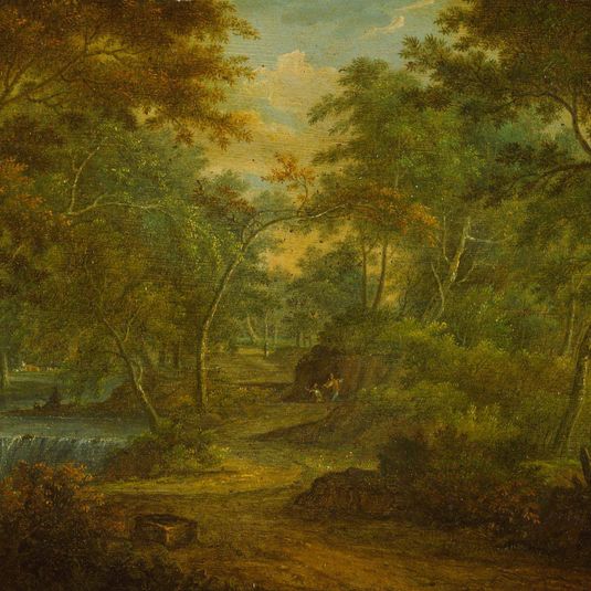 A Wooded Landscape with a Stream and a Fisherman