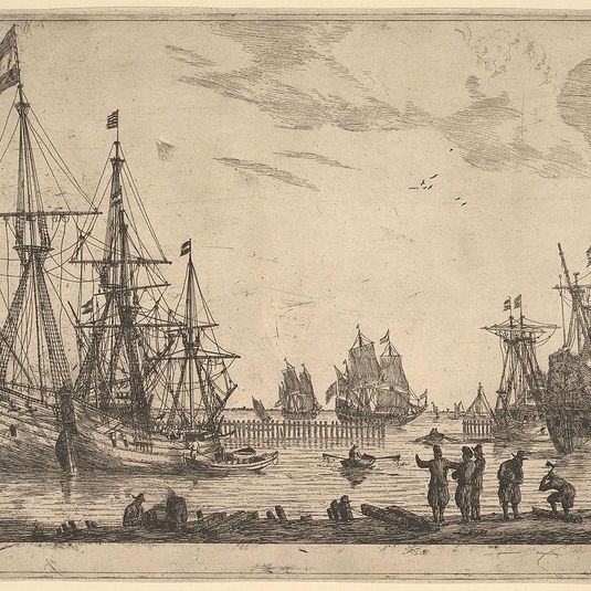 Four Sailing Vessels near a Breakwater