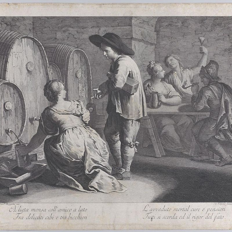 A barmaid filling mugs at left, a man holds a bottle at center, and three people sit at a table drinking at right