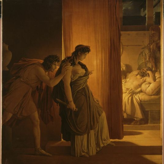 Clytemnestra hesitates before striking the sleeping Agamemnon. Aegisthus, her accomplice, pushes her away.