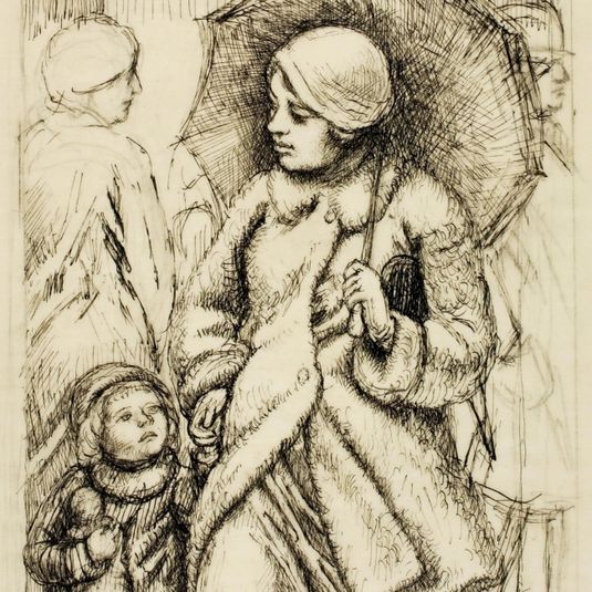 Woman with Umbrella and Child