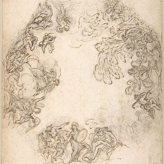 Design for a Ceiling Decoration: A Gathering of Mythological Figures (recto); Dancing Satyr and Two Seated Figures (verso)