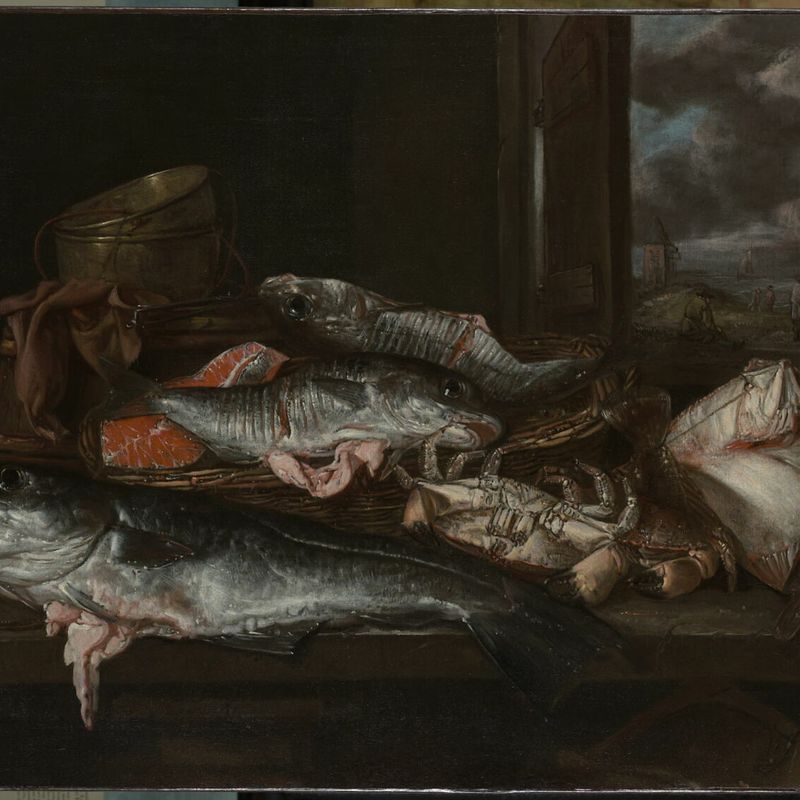 Still life with fish, with seaside and fishermen in the background