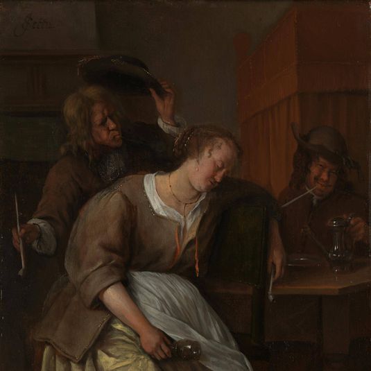 A Man blowing Smoke at a Drunken Woman, Another Man with a Wine-pot