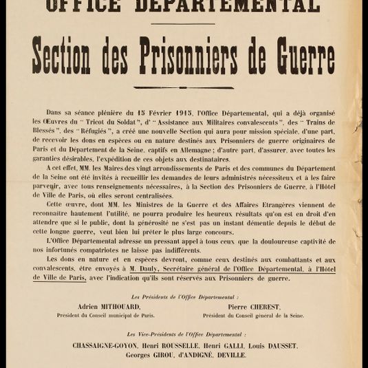 Ville de Paris - Département de la Seine/ OFFICE DEPARTEMENTAL/ Section des Prisonniers de Guerre
