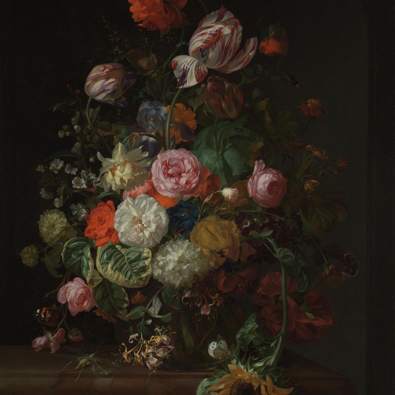 Still life of roses, tulips, a sunflower and other flowers in a glass vase with a bee, butterfly and other insects upon a marble ledge