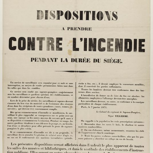 REPUBLIQUE FRANCAISE./ DISPOSITIONS/ A PRENDRE/ CONTRE L'INCENDIE/ PENDANT LA DUREE DU SIEGE.
