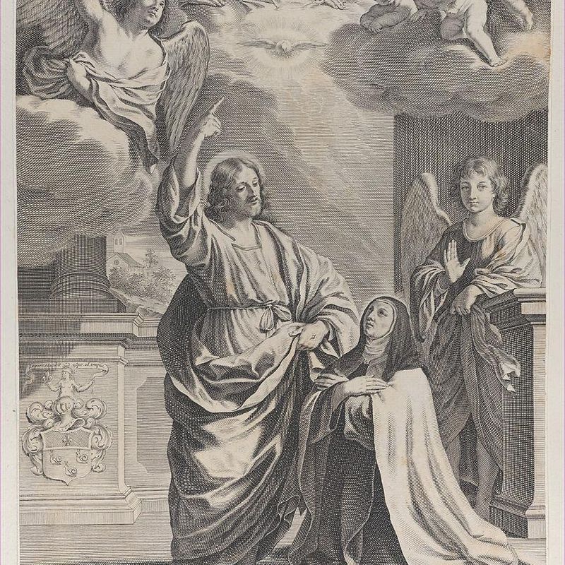 Saint Theresa praying alongside Christ, who points upwards to God the Father and the Holy Spirit