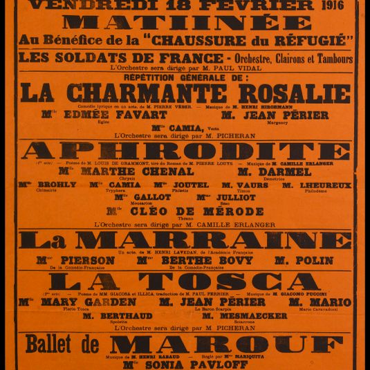 TH. NATIONAL DE L'OPERA-COMIQUE/ BUREAUX A 1 HEURE./ RIDEAU A 1 H. 1/2/ VENDREDI 18 FEVRIER 1916/ MATINEE/ Au Bénéfice de la " CHAUSSURE du REFUGIE "