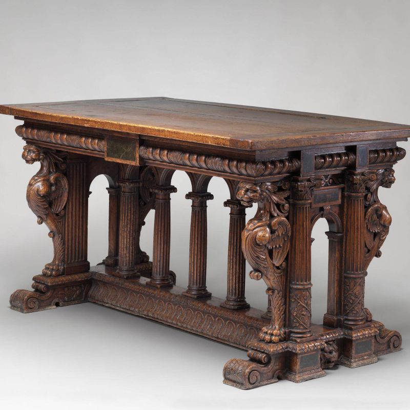 Walnut Table with Lion Sphinxes