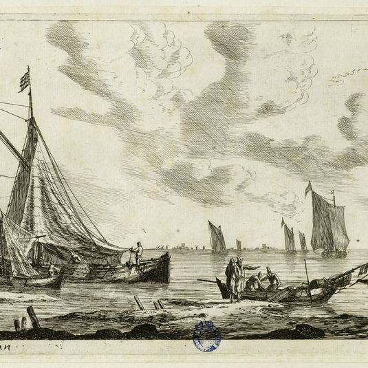 Quelque ports de fleuve n°6 : Rivage d'un estuaire avec un ketch, deux petits bateaux et des pêcheurs n° 6 (Hollstein 109)