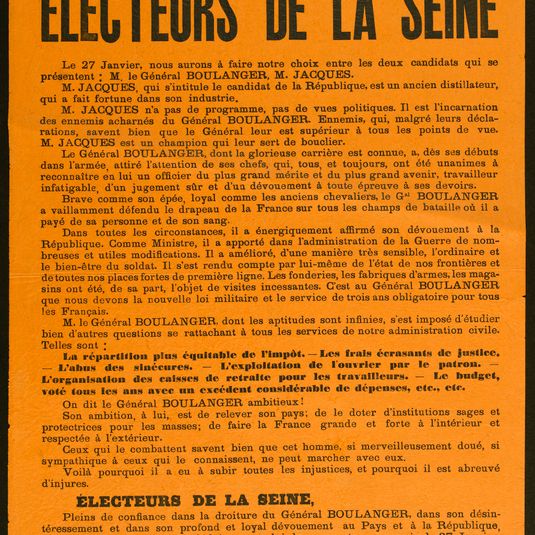 Election législative du 27 Janvier 1889/ ELECTEURS DE LA SEINE/ Le 27 Janvier, nous aurons à faire notre choix entre les deux candidats qui se/ présentent/ M. le Général BOULANGER, M. JACQUES.