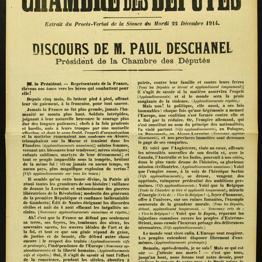 REPUBLIQUE FRANCAISE/LIBERTE - EGALITE - FRATERNITE/ CHAMBRE DES DEPUTES/ Extrait du Procès-Verbal de la Séance du Mardi 22 Décembre 1914./ DISCOURS DE M. PAUL DESCHANEL/ Président de la Chambre des Députés