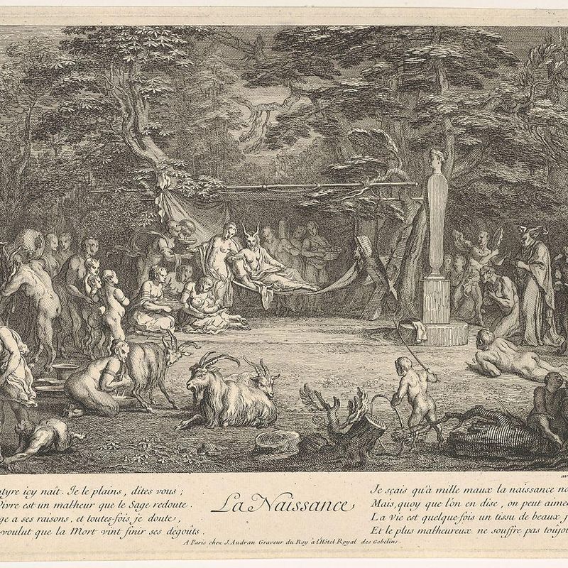 The Birth (La Naissance): in a forest, the new mother resting in a hammock at center, the newborn below her to left, various satyrs and goats surrounding, from 'The lives of satyrs' (La vie des satyres)
