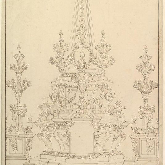 Elevation of a Catafalque: Two Pedestals with Candelabra at Sides; with Central Obelisk Surrounded by Candelabra.Verso: Sketch of architecture: archway and corner with pillars.