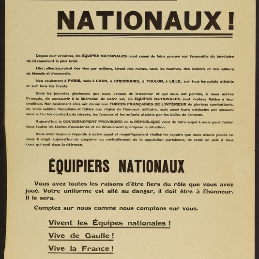 EQUIPIERS/ NATIONAUX!/ Depuis leur création, les EQUIPES NATIONALES n'ont cessé de faire preuve sur l'ensemble du territoire/ du dévouement le plus total.