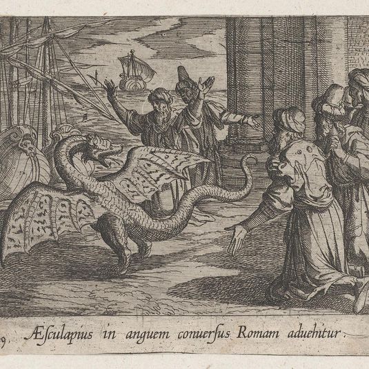 Plate 149: Aesculapius as a Serpent, Among the Romans (AEsculapius in anguem conversus Roman advehitur), from Ovid's 'Metamorphoses'