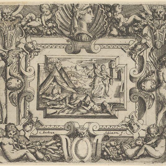 Judith and maidservant with the head of Holofernes, set within an elaborate frame