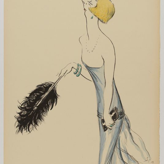 Album Le Nouveau Monde (1ère série) : une femme en robe bleue tenant une plume d'autruche noire