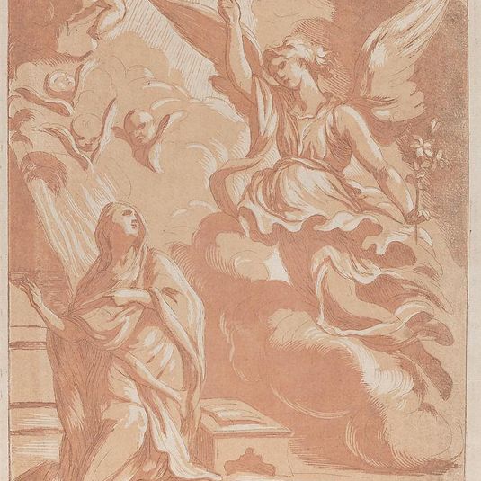 The Annunciation with the Virgin kneeling at left and Gabriel appearing at right