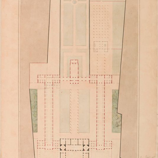 Hôpital Beaujon : plan du premier étage, vers le 28 février 1828, avec deux grandes salles perpendiculaires à la rue