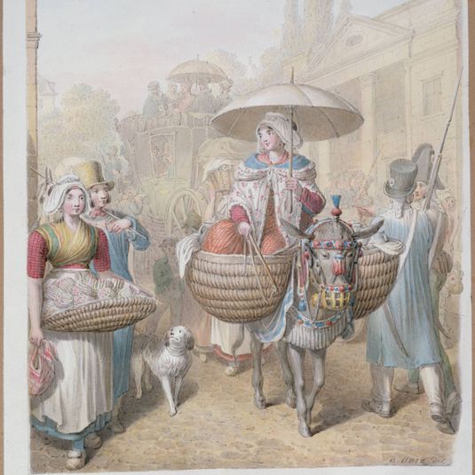 Tableau de Paris. Barrière de la Villette, la Garde Nationale vilageuse, une diligence, la laitière et des Campagnards