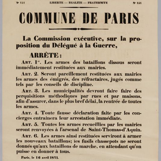 REPUBLIQUE FRANCAISE/ N° 151 LIBERTE - EGALITE - FRATERNITE/ N° 151/ COMMUNE DE PARIS