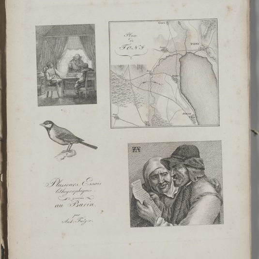 Art of the Lithograph: Four Engraving Samples, War Tent, Map of Toni, Bird, Dutch Farmer and Woman