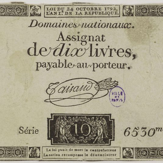 Assignat de 10 livres, série 6530me, 24 octobre 1792