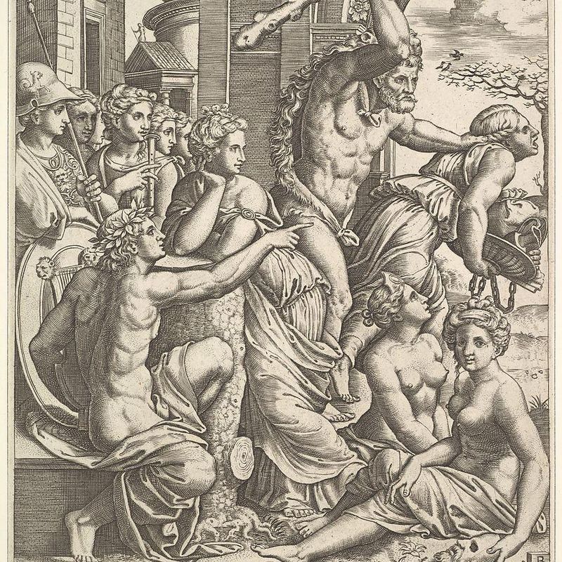 Envy or Avarice at the right being driven from the temple of the Muses by Hercules who raises a club, the muses watching from the left