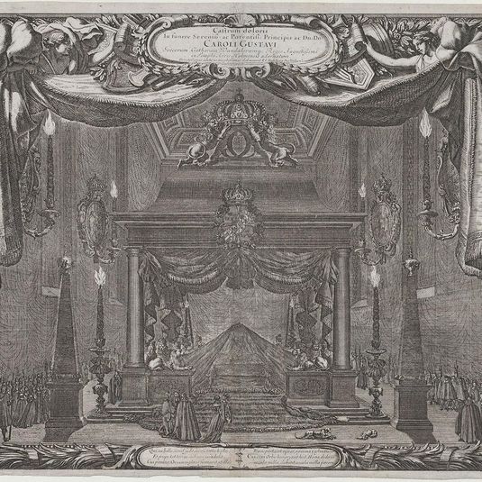 Catafalque of Charles X Gustav, King of Sweden, in the chapel of the castle in Stockholm (Castrum doloris in funere... Caroli Gustavi), from De rebus a Carolo Gustavo Sueciae rege gestis...