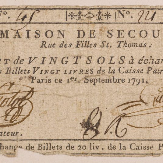 Billet de 20 sols, maison de secours rue des filles Saint-Thomas, F° 45, n° 221, GA, 1er septembre 1791
