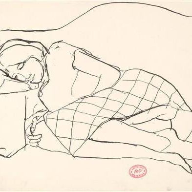 Untitled [woman in a checked skirt resting on her side]