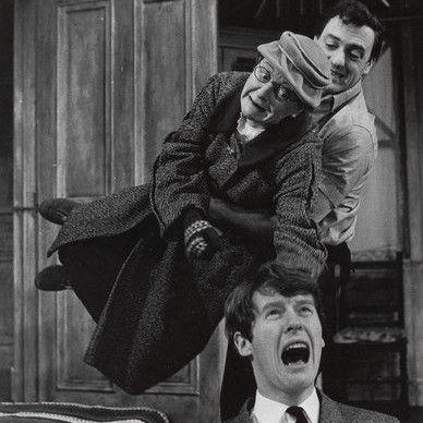 Michael Crawford, Hazel Corpen and Harry H Corbett in 'Travelling Light' by Leonard Kingston, Prince of Wales Theatre, London
