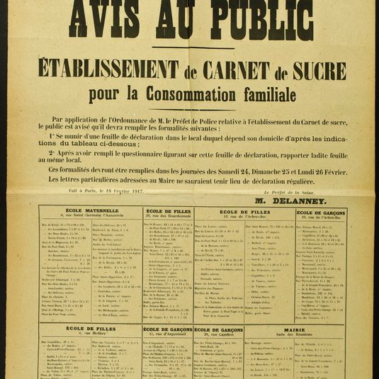 REPUBLIQUE FRANCAISE/ LIBERTE - EGALITE - FRATERNITE/ PREFECTURE DE LA SEINE/ Ville de Paris - Mairie du 1er Arrondissement/ AVIS AU PUBLIC/ ETABLISSEMENT de CARNET de SUCRE/ pour la Consommation familiale