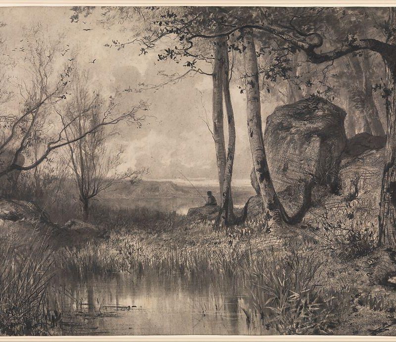 A Pond with a Fisherman along the River Ain