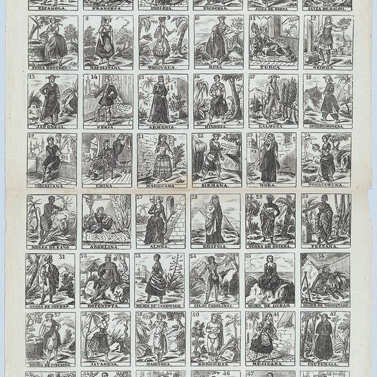 Broadside with 48 scenes showing different women of the world