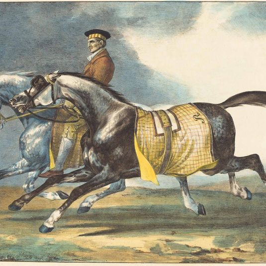 Two Dapple-Gray Horses Exercising (Deux chevaux gris pommele que l'on promene)