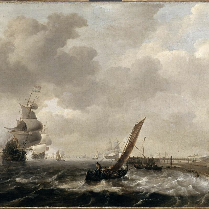 Dutch boats off a sandy coast