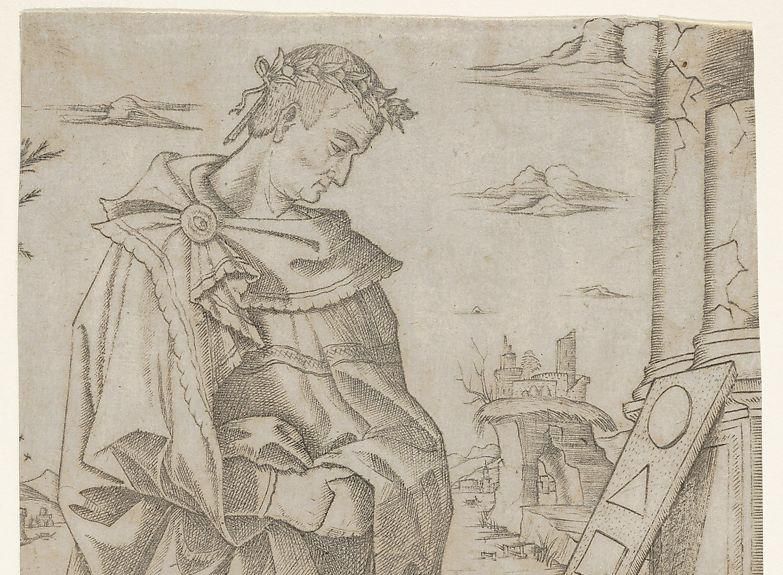 Apelles standing profile looking at a tablet of geometric figures