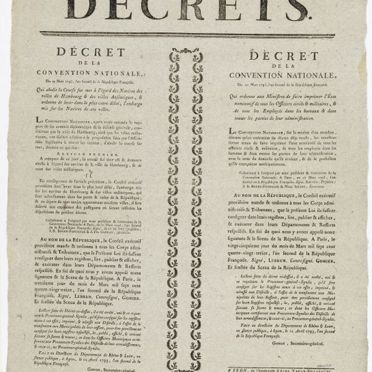 DECRETS./ DECRET/ DE LA/ CONVENTION NATIONALE,/ Du 29 Mars 1793, l'an second de la République Françoise [sic]./ Qui abolit la Course sur mer à l'égard des Navires des/ villes de Hambourg & des villes Anséatiques [sic], &/ ordonne de lever dans le plus...
