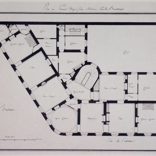 Plan du premier étage de l'hôtel Laborde à l'angle du 16 du boulevard des Italiens et du 1 de la rue Le Peletier actuel 9ème arrondissement.