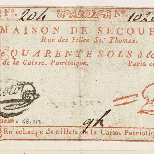 Billet de 40 sols, maison de secours rue des filles Saint-Thomas, F° 204, n° 1020, 1er septembre 1791